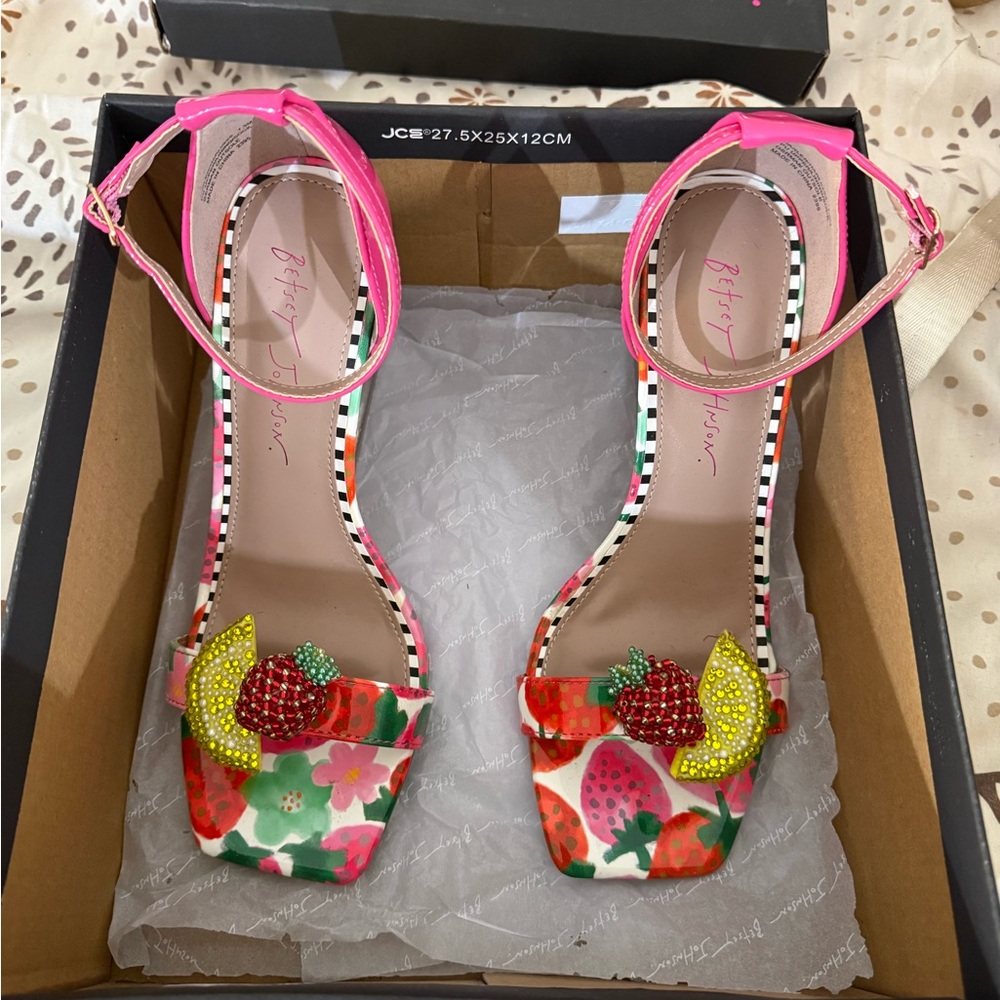 Betsey Johnson Pink Floral Heels with Fruit Accents